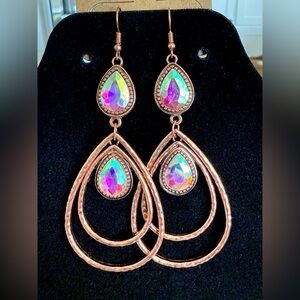 Gorgeous Iridescent Teardrop Dangle Earrings - Rose Gold Tone